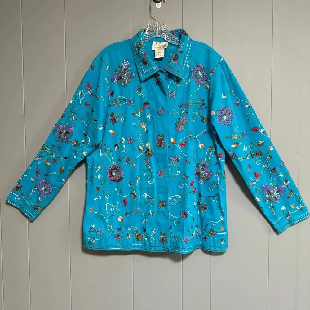 THE QUACKER FACTORY Floral Embroidered Beaded Jacket Turquoise Blue Size Medium